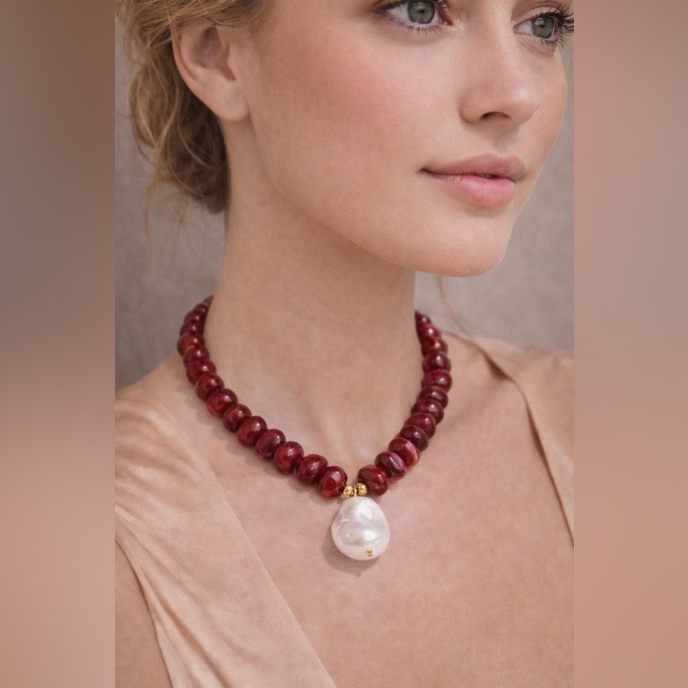 Chic Ruby Red Stone Necklace With Baroque Pearl - image 5